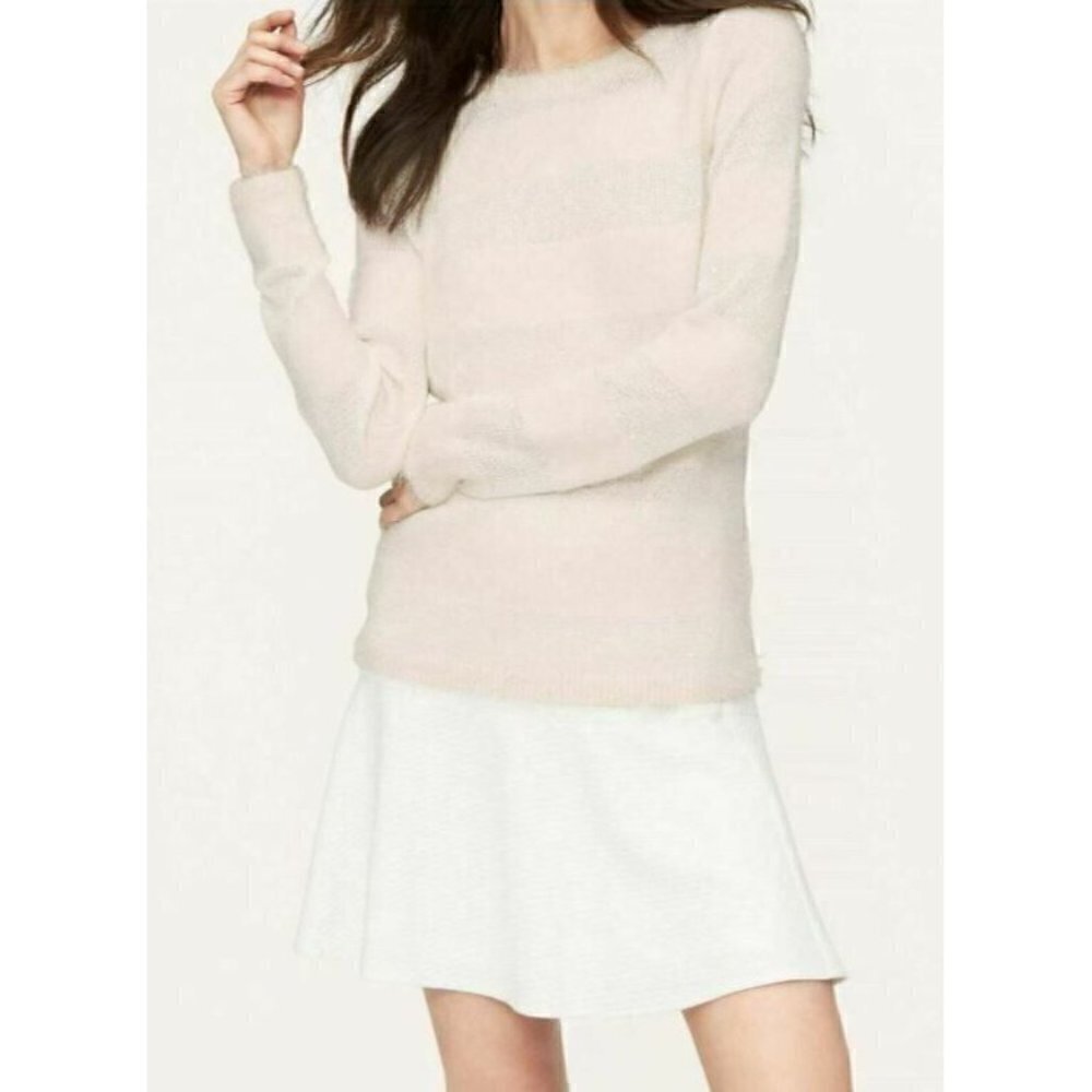 LOFT Womens Large Striped Sequin Eyelash Knit Sweater Ivory White Wool Boho